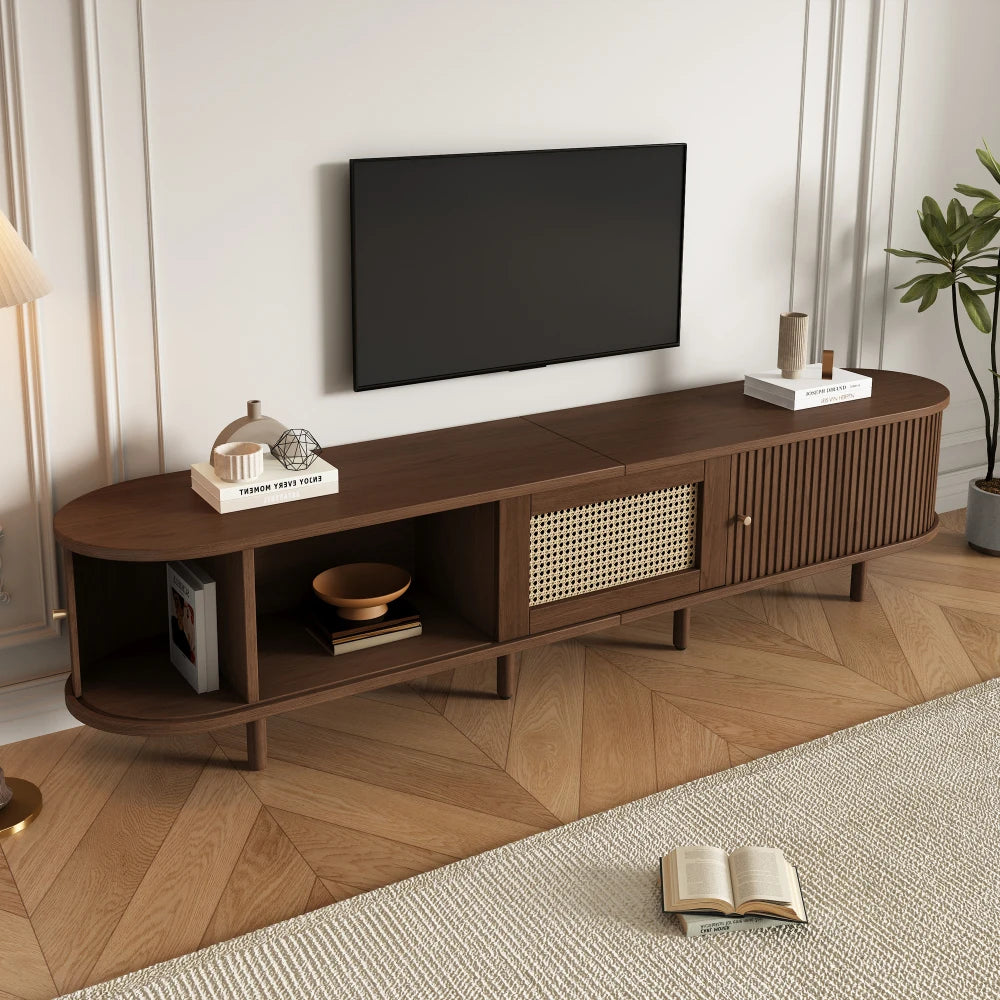 180cm Oak TV Stand with Rattan Drawer, Sliding Doors, Gold Handles and Adjustable Legs