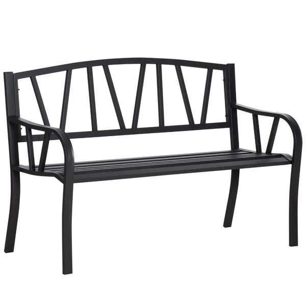 2 Seater Garden Bench All Metal Loveseat with Tall Backrest Ergonomic Armrests Line Design for Patio