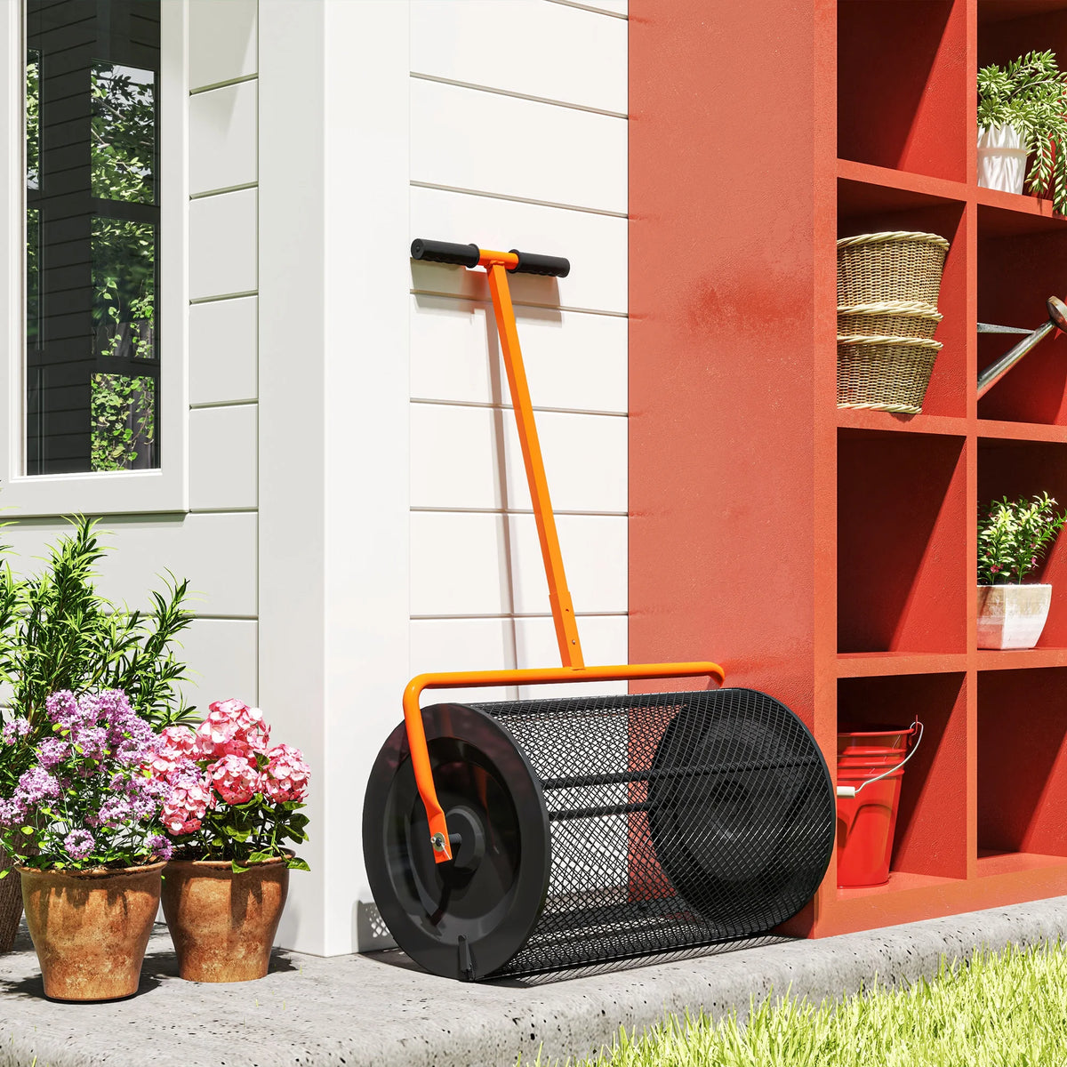 300L Compost and Peat Moss Spreader with Height Adjustable T-Handle, Orange