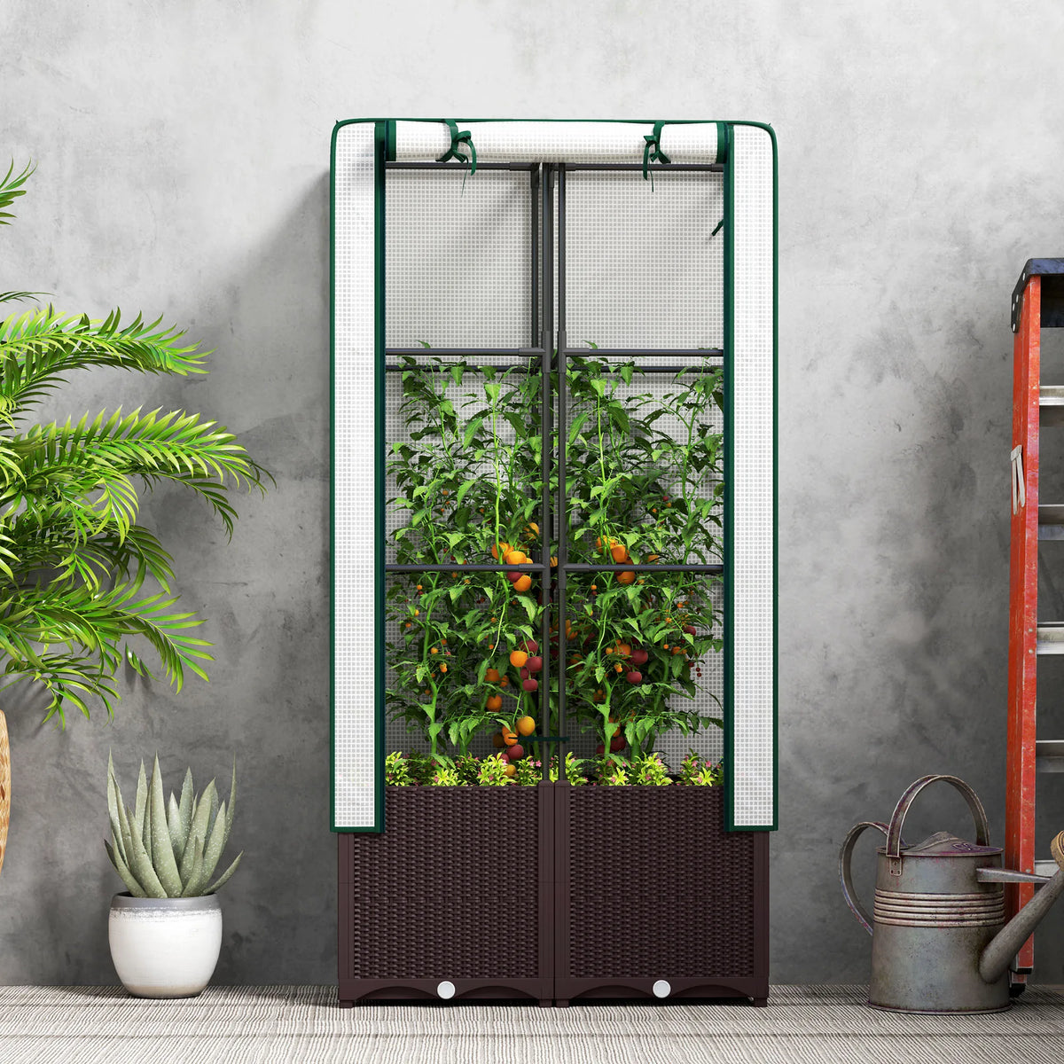 Plastic Raised Garden Planter with Trellis and Cover, Drainage Holes, 80 x 40 x 140 cm