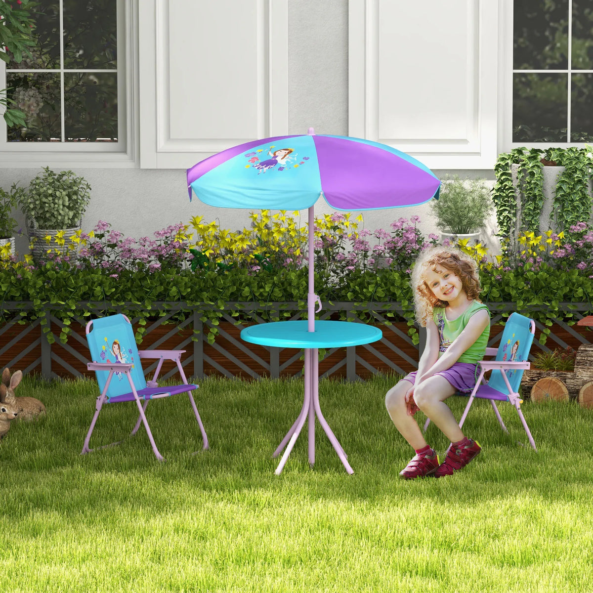 Kids Bistro Table and Chair Set Fairy Theme with 86-122cm Adjustable Parasol and Safety Lock Folding Chairs