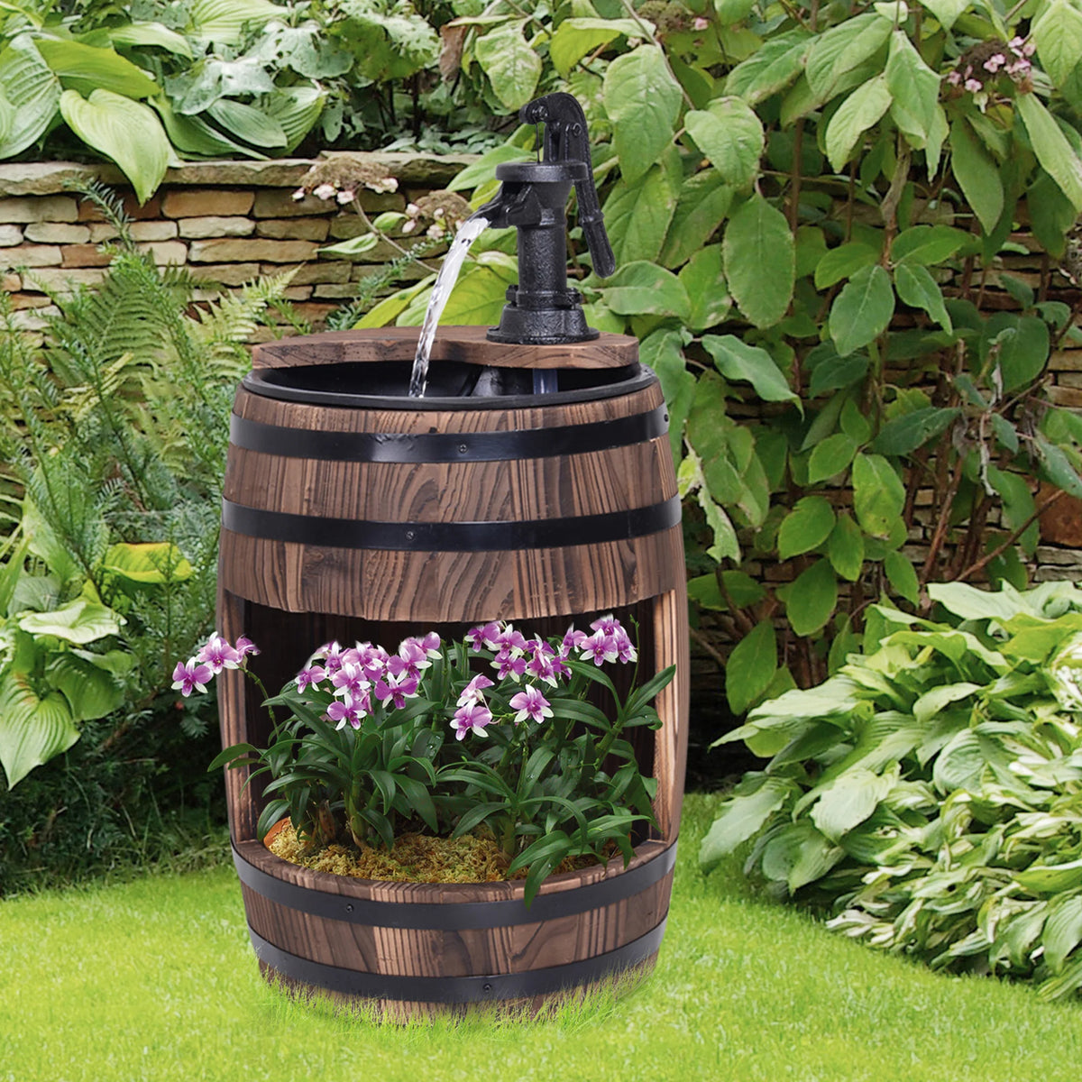 Wood Barrel Garden Fountain Water Feature with Submersible Pump Adjustable Flow Solid Fir Wood Retro