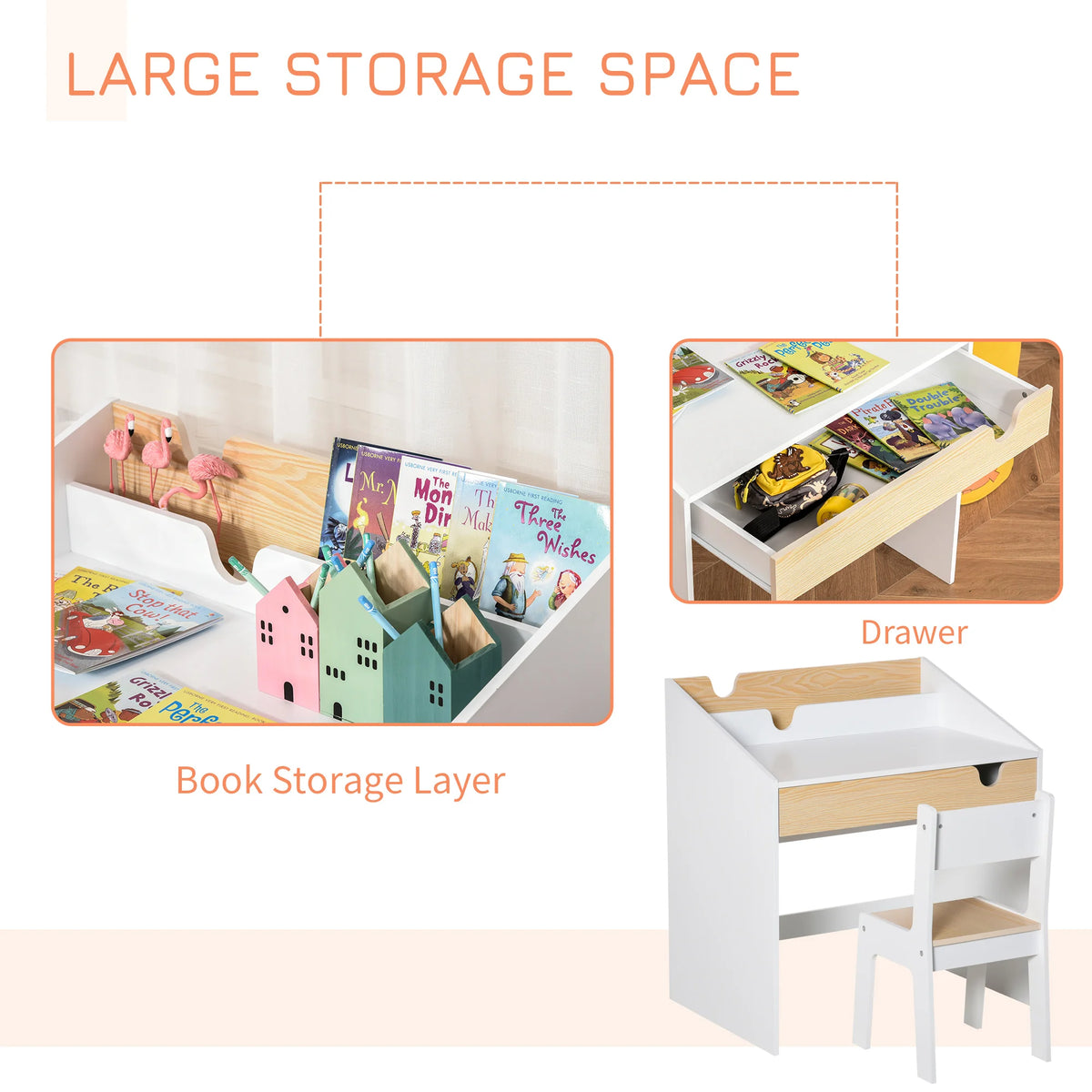 Kids Study Desk and Chair Set with Pull Out Drawer and Bookshelf MDF Rounded Edges for Ages 3-6