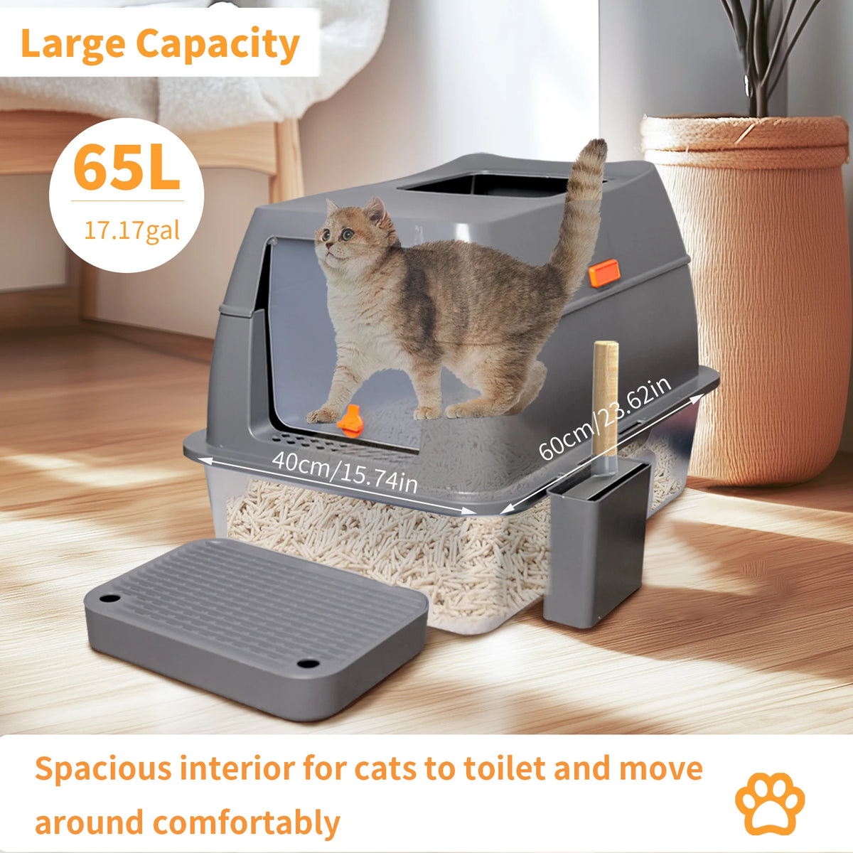 Extra Large Enclosed Stainless Steel Cat Litter Box 40x60x40.5cm Front Top Entry Lid Scoop Durable