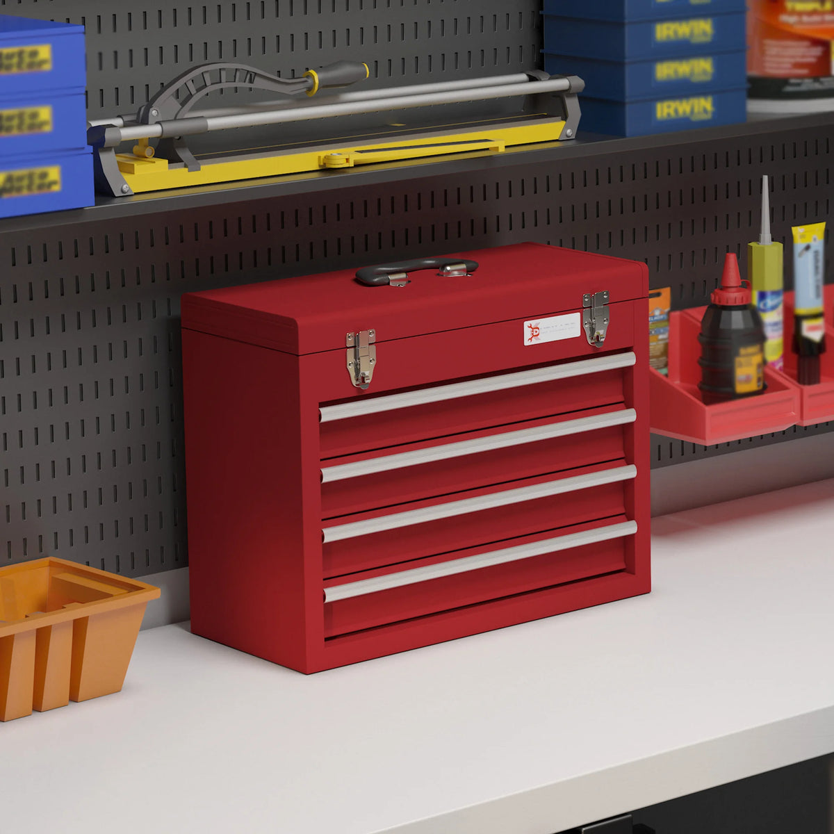 4 Drawer Steel Tool Chest with Ball Bearing Runners and Top Compartment, Red