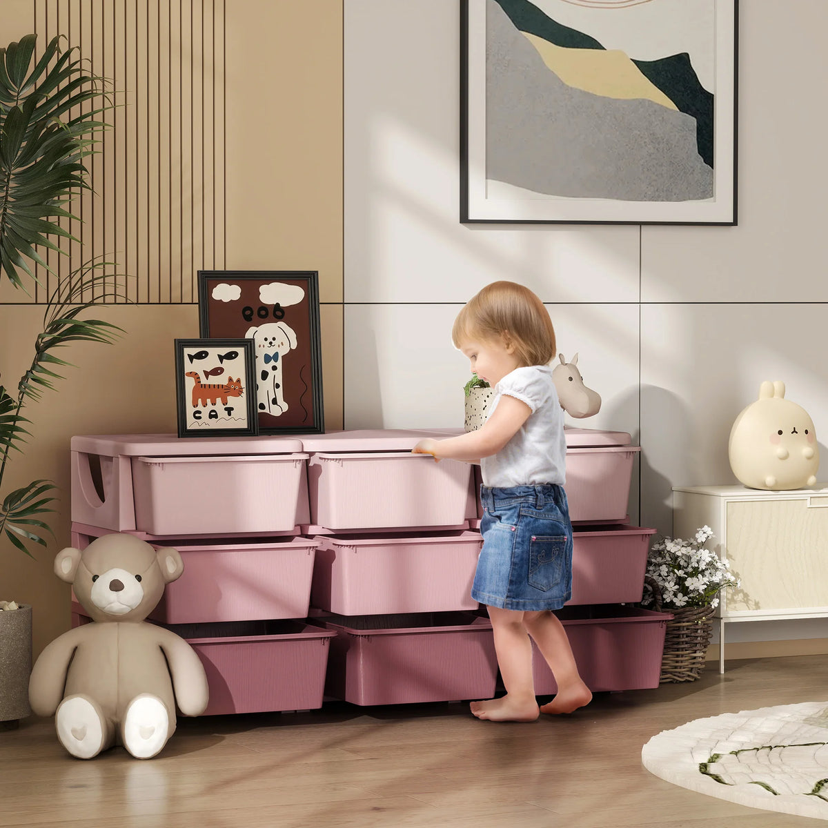 Kids 3 Tier Storage Drawer Unit with 9 Removable Drawers Plastic Chest Tower Rounded Edges