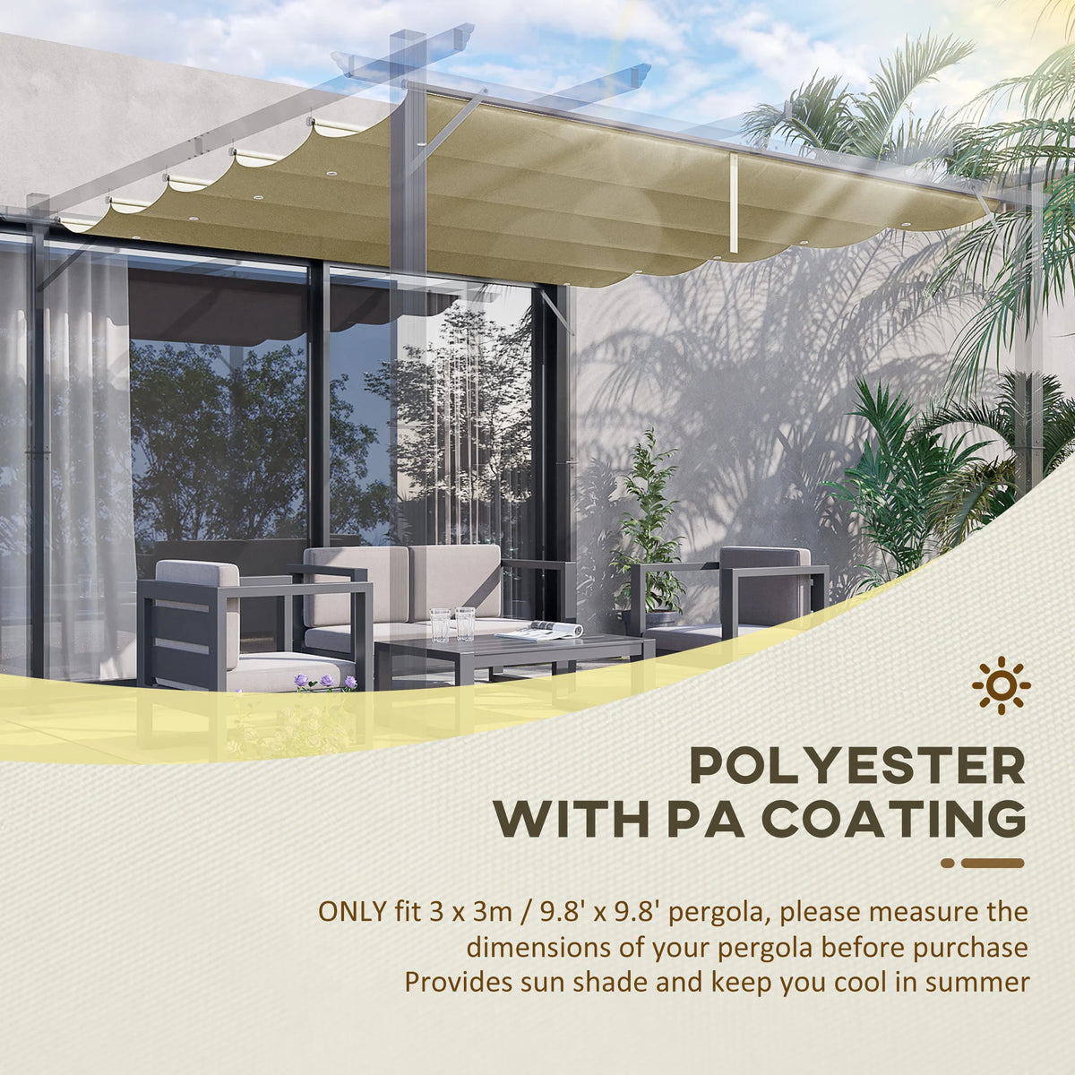 Retractable Pergola Shade Cover, Replacement Canopy Fabric for 3 x 3m Pergola, Beige