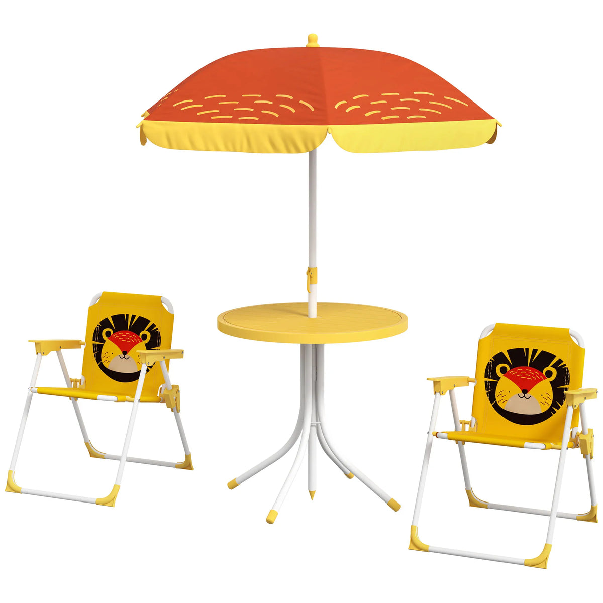 Kids Bistro Table and Chair Set Lion Theme with Adjustable Parasol 86-122cm Folding Chairs with Safety Locks