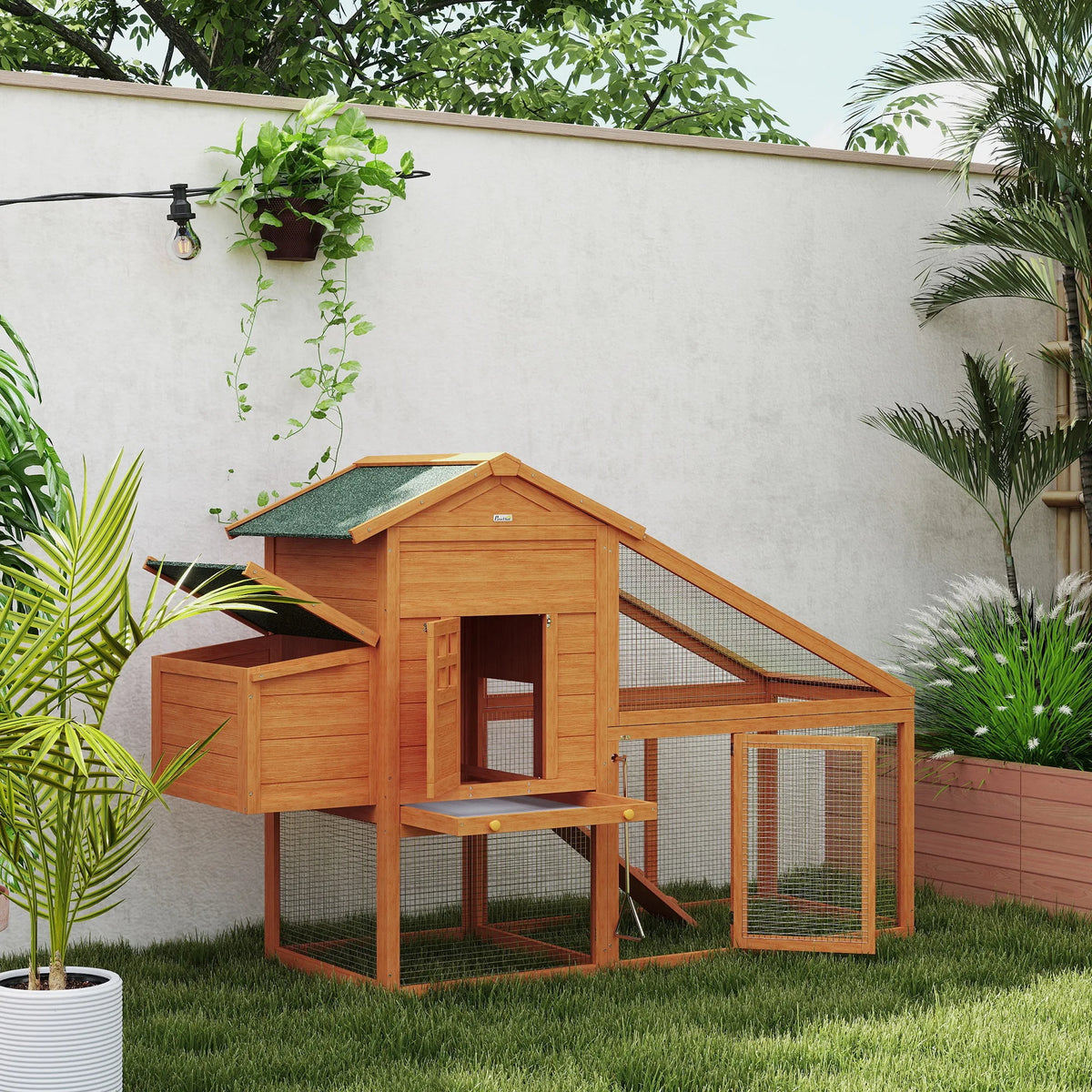 Wooden Chicken Coop 179x67x115cm with Nesting Box 2 Perches Run Ramp and Slide Out Tray Fir Wood Orange