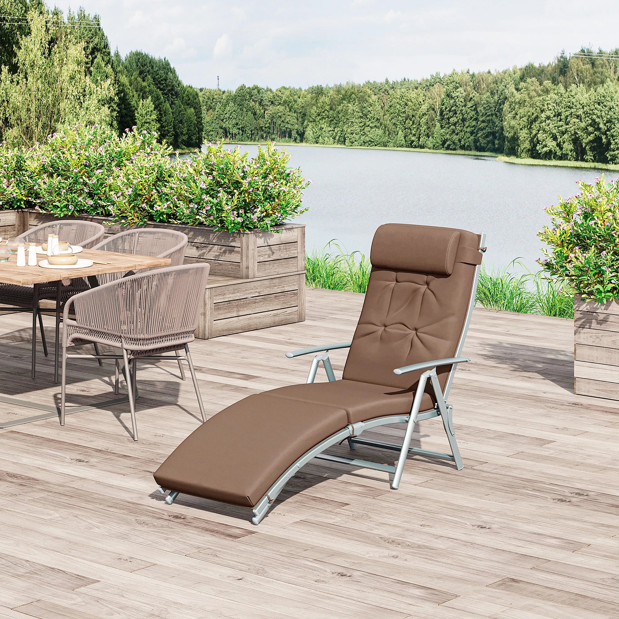 Foldable Garden Sun Lounger with 7-Position Adjustable Backrest, Wide Texteline Seat and Pillow