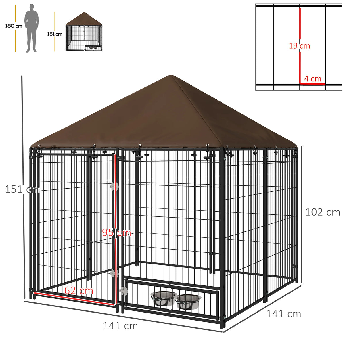 Outdoor Dog House Kennel with Canopy Top & Lock Rotating Bowl Holder