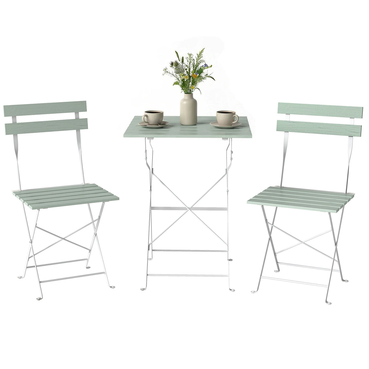 3 Piece Folding Bistro Set for 2, Acacia Wood and Metal, Green and White