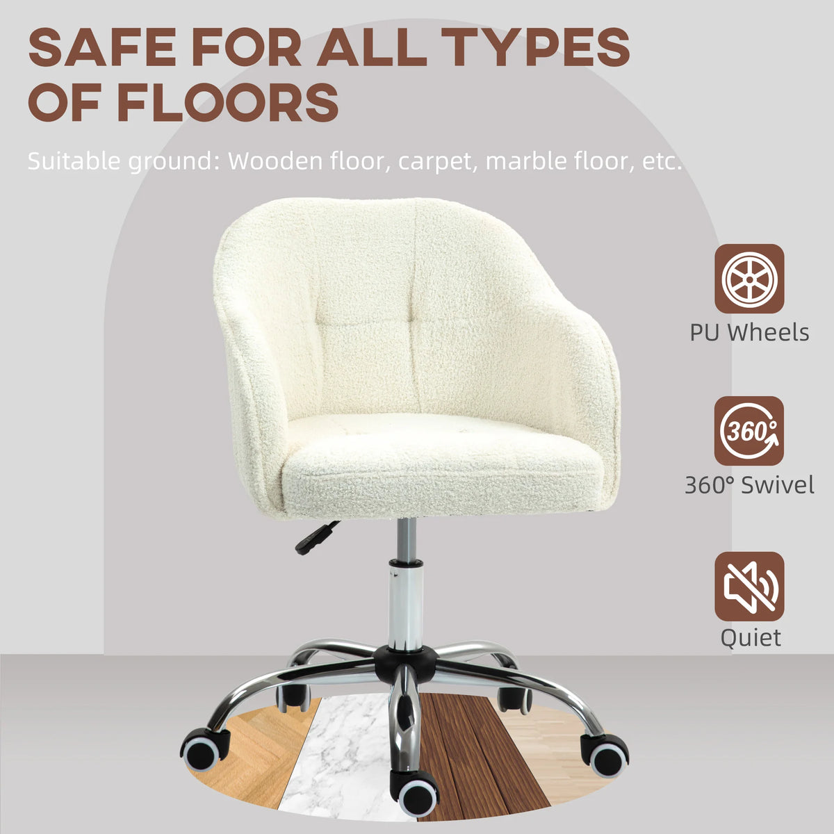 Fluffy Vanity Chair with Teddy Fleece Upholstery Height Adjustable 46-56cm 5 Wheels and Tilt Function