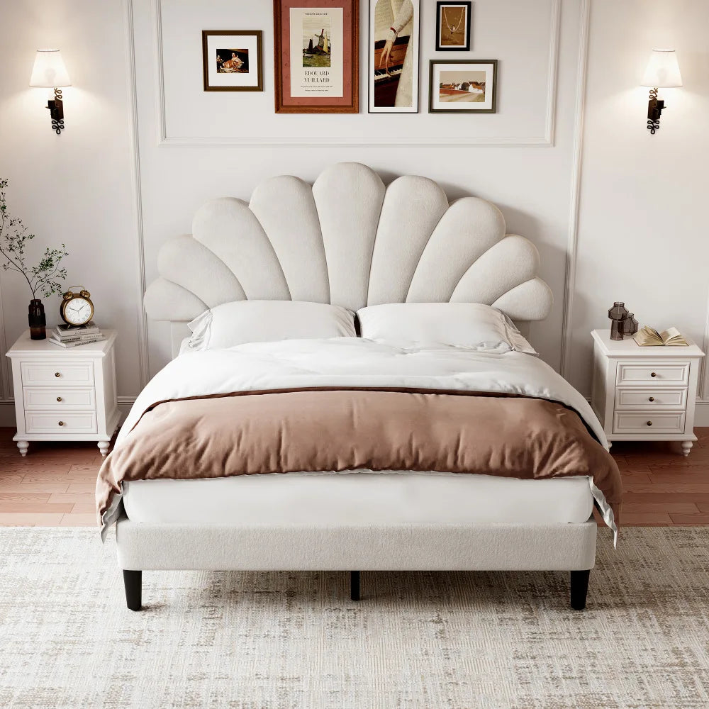 4ft6 Double Upholstered Velvet Bed Frame with Adjustable Petal Headboard, Beige