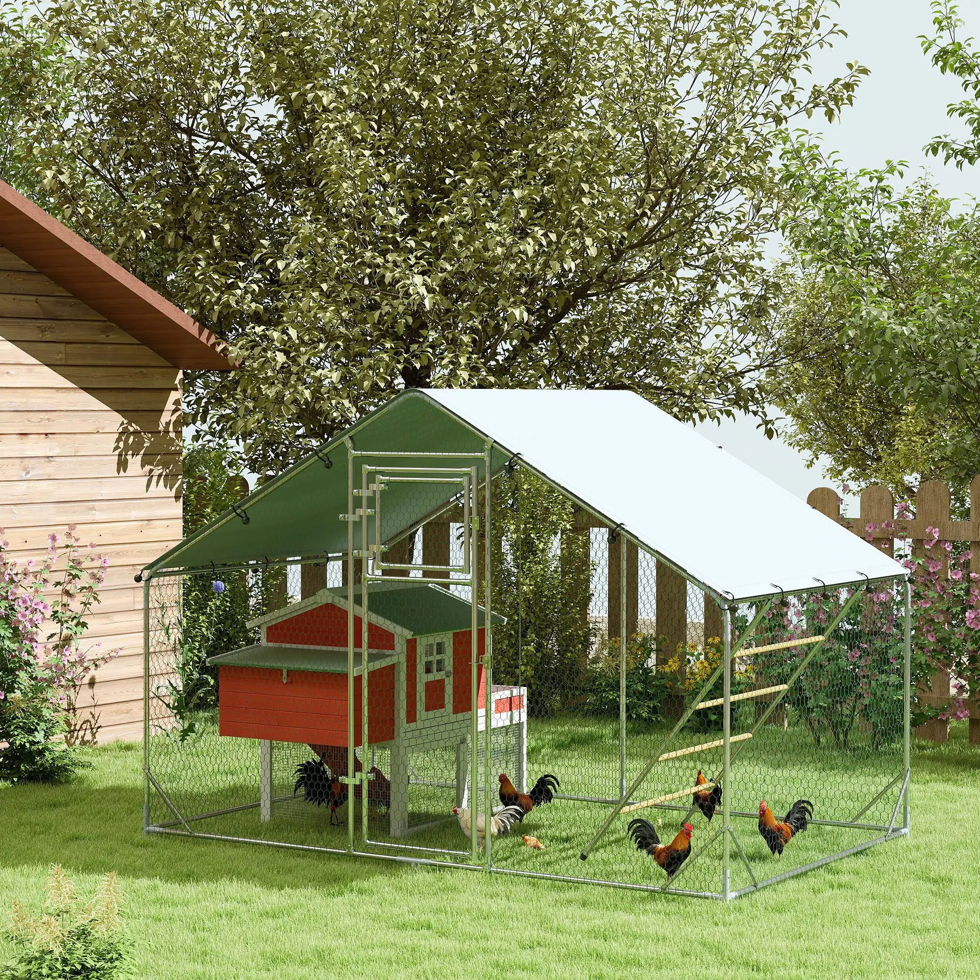 Walk-In Chicken Run with Waterproof UV-Resistant Cover Feeding Door Hanging Feeder and Perch for Chickens Ducks and Rabbit