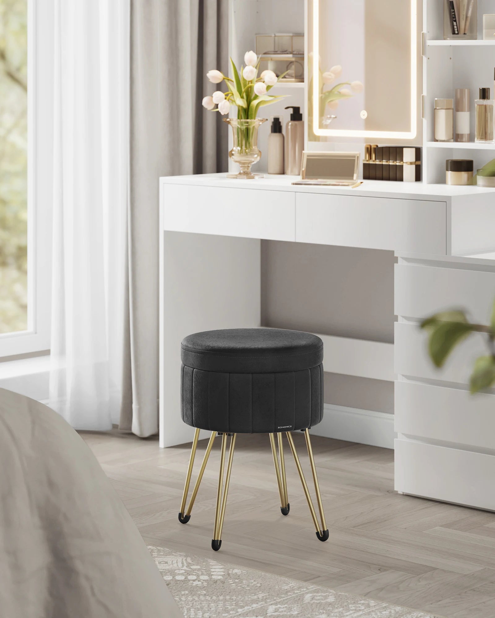 Round Velvet Storage Ottoman Stool with 4 Metal Legs | Dressing Table Seat and Footrest with Hidden Storage