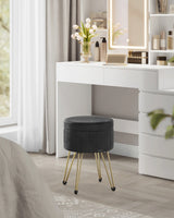 Round Velvet Storage Ottoman Stool with 4 Metal Legs | Dressing Table Seat and Footrest with Hidden Storage