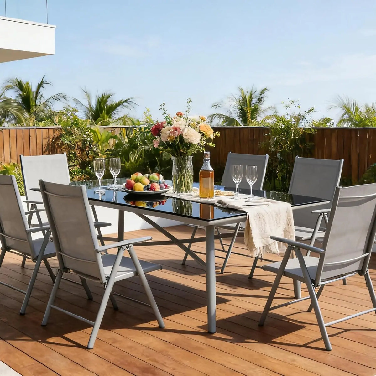Set of 2 High Back Aluminium Folding Garden Chairs with Armrests 8 Position Adjustable for Patio Camping Balcony