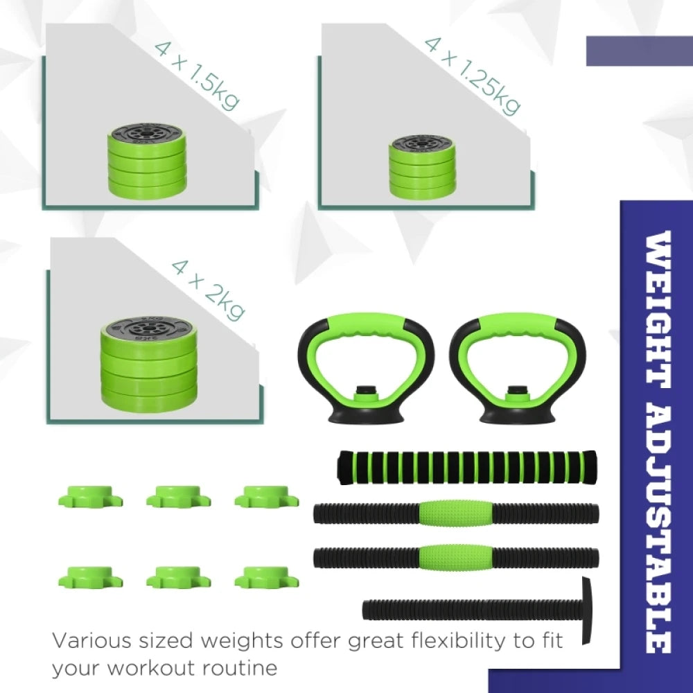 20kg 4 in 1 Adjustable Dumbbell Set with Barbell Kettlebell Push Up Stand Green for Home Gym