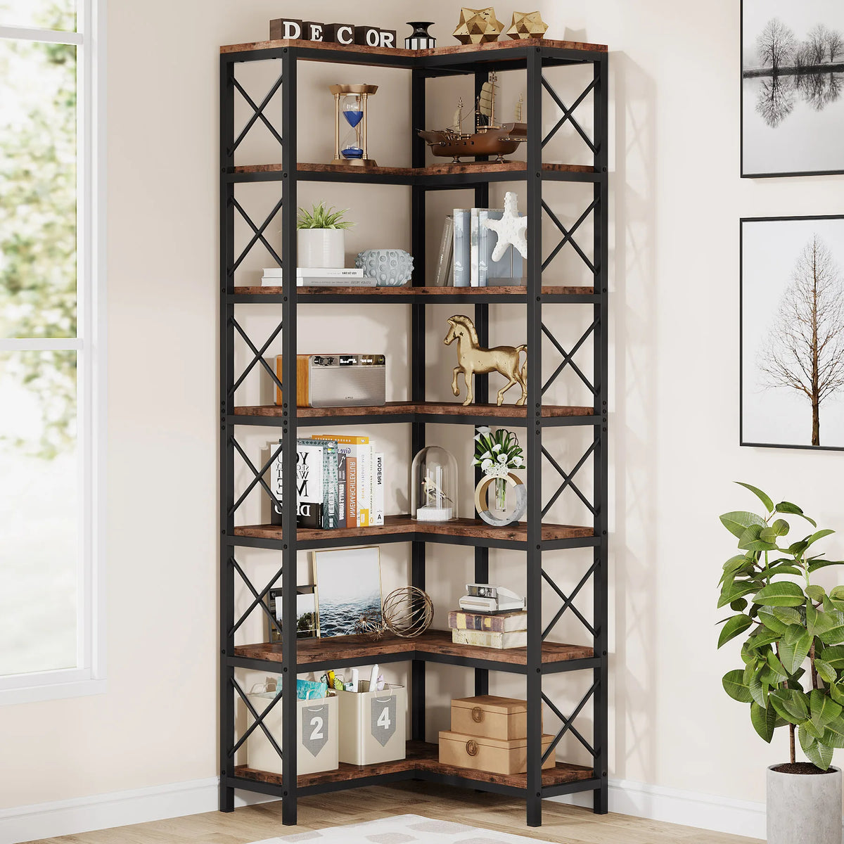7-Shelf Large Corner Bookcase 200cm Tall with Metal Frame | L-Shaped Display Shelf for Living Room Office