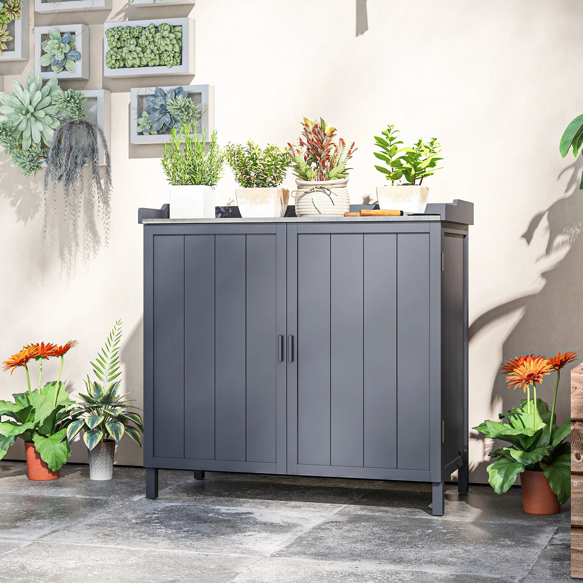 Wooden Potting Bench with Storage Cabinet and Galvanised Top, Grey