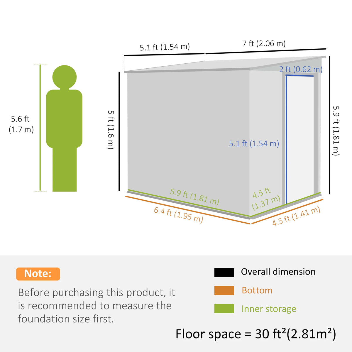 7 x 5ft Lean-To Metal Garden Shed with Foundation, Sliding Doors, 2 Vents, Green