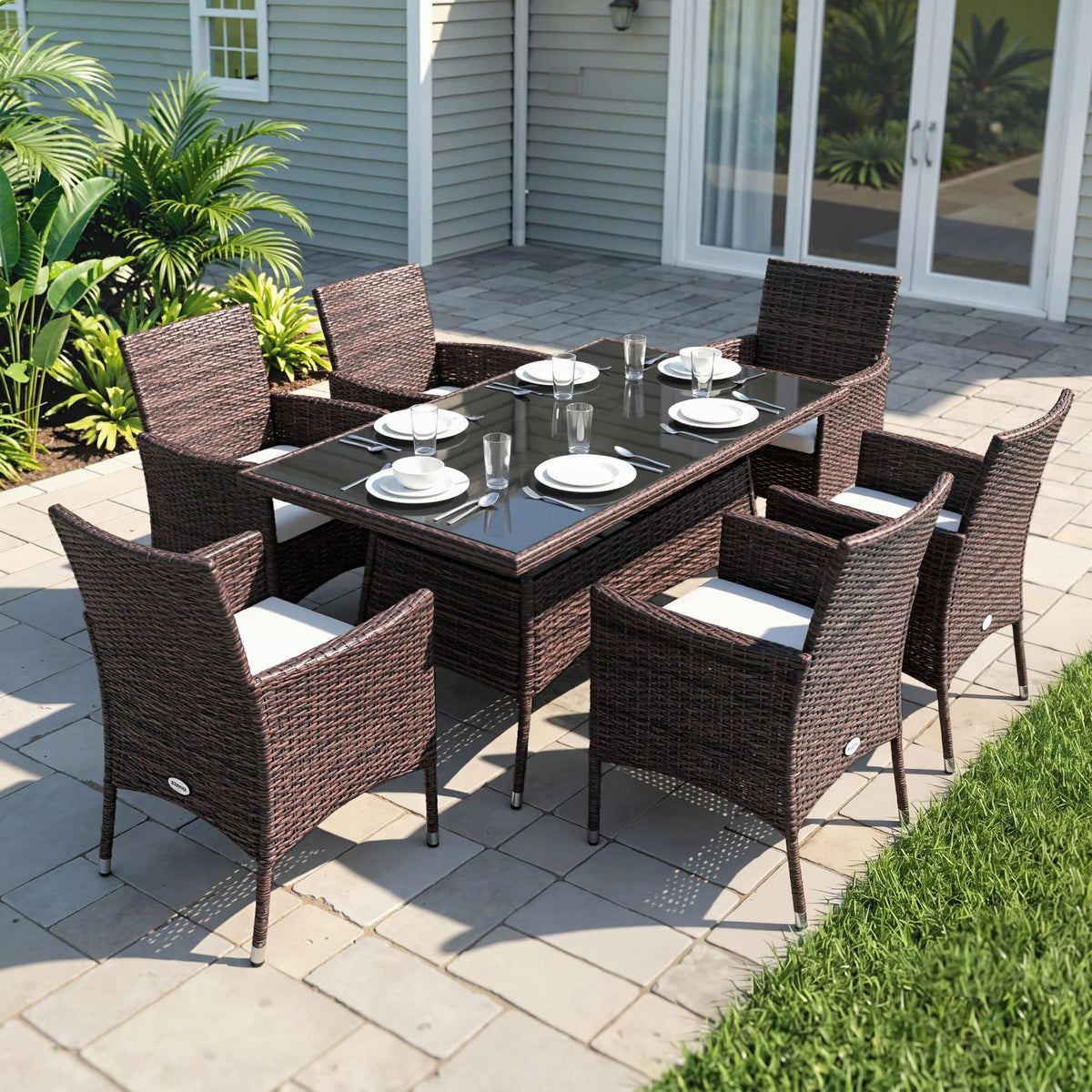 6 Seater Rattan Garden Dining Set, Rectangular Table & Cube Chairs, Grey