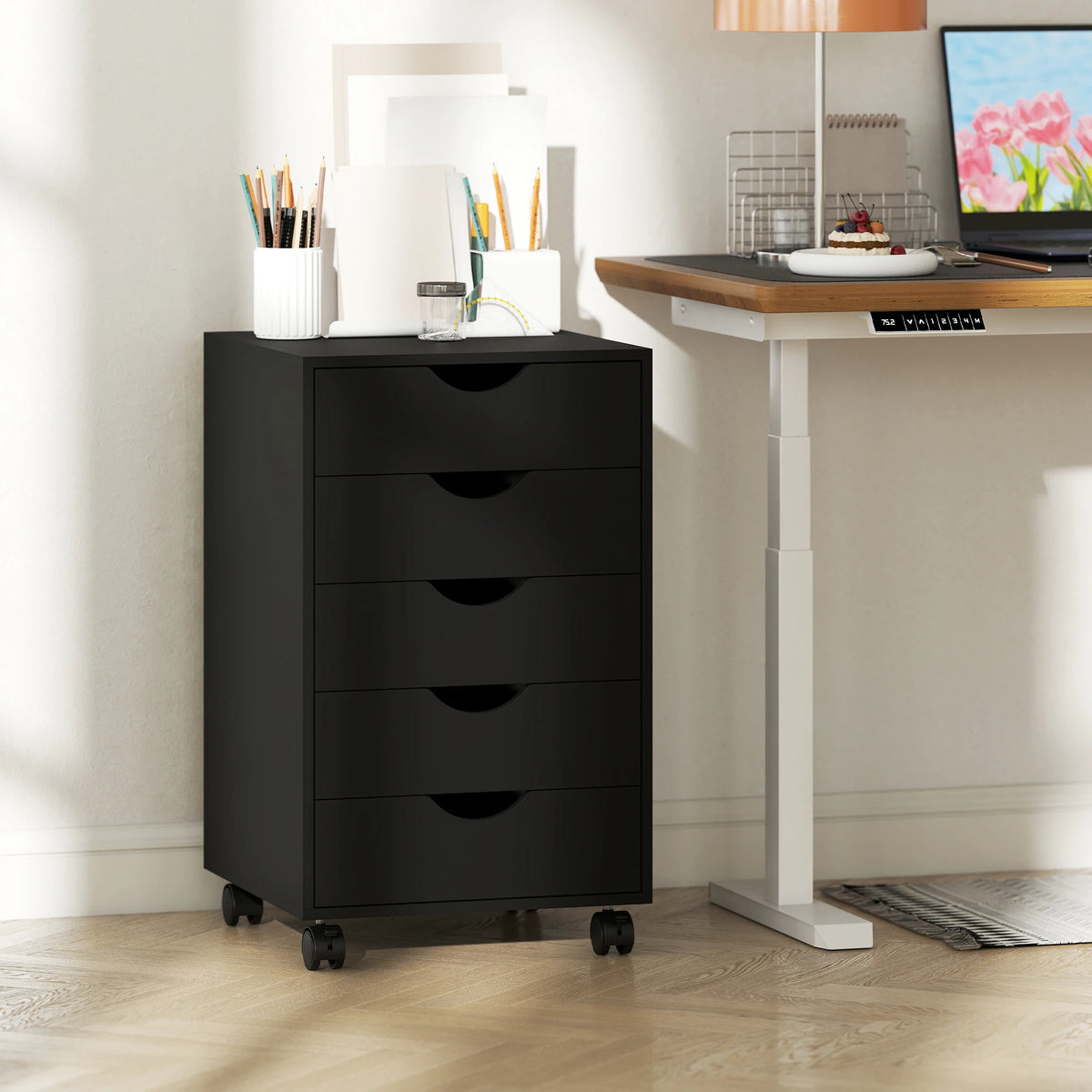 5-Drawer Mobile Filing Cabinet on Wheels with Brakes, Black