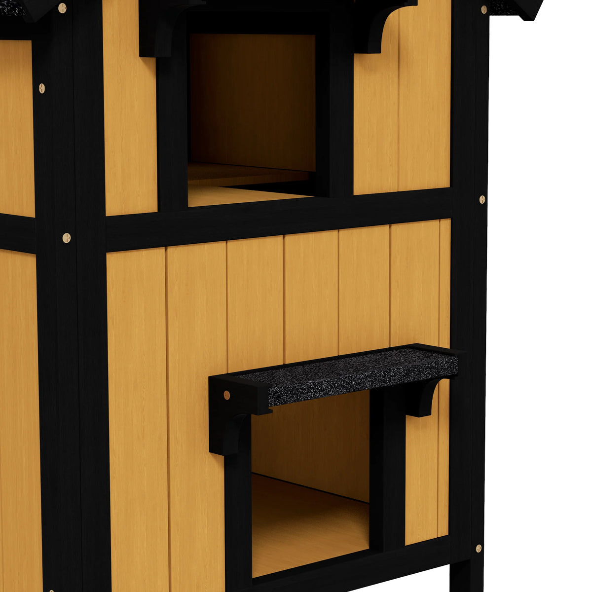 Wooden Outdoor Cat House with Flower Box, Windows and Multiple Entrances, Yellow
