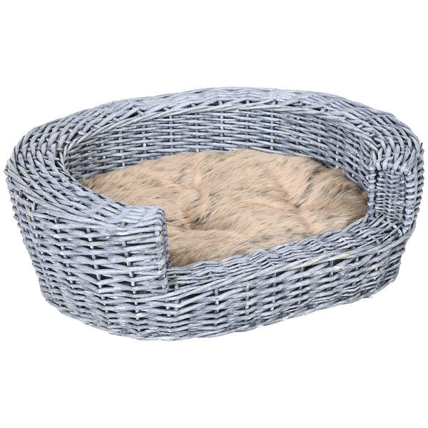 Elevated Wicker Pet Bed 57x46x17.5cm Willow Rattan Basket Sofa with Washable Plush Cushion Grey
