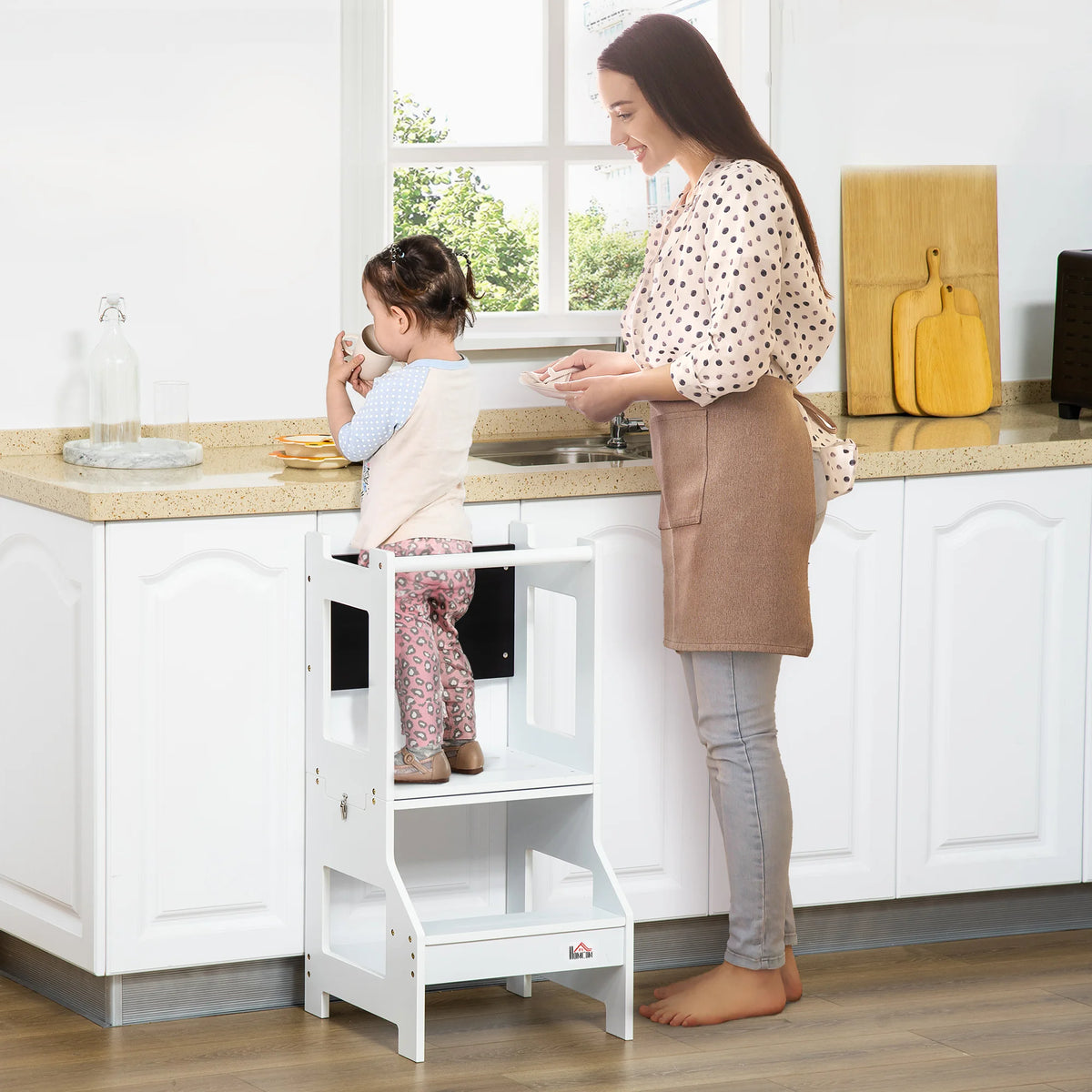 2 in 1 Kids Kitchen Step Stool with Safety Rail Converts to Table and Chair with Chalkboard MDF White