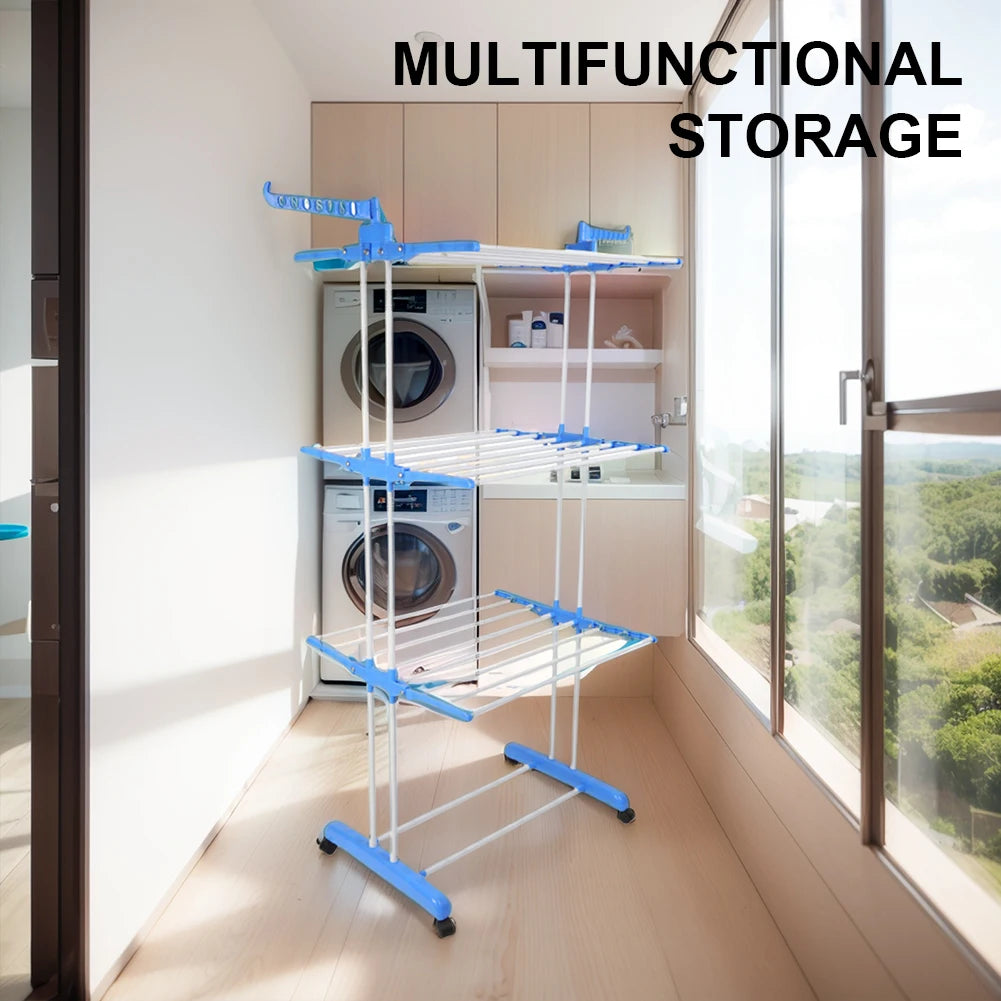 4-Tier Foldable Clothes Airer with Wheels and Side Wings, Rolling Laundry Drying Rack