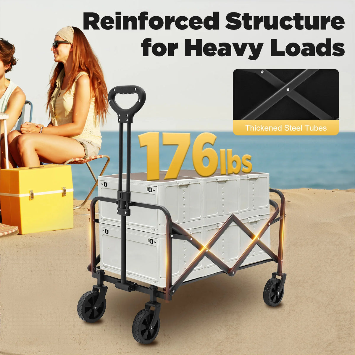 Folding Wagon Garden Cart 80kg 5 Inch Rubber Wheels Adjustable Handle 2 Cup Holders for Camping Shopping Outdoor