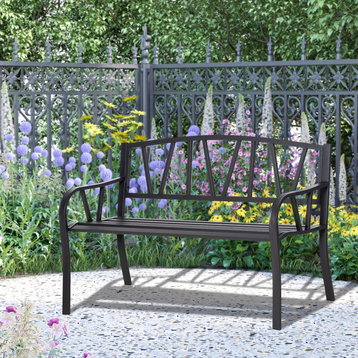 2 Seater Garden Bench All Metal Loveseat with Tall Backrest Ergonomic Armrests Line Design for Patio