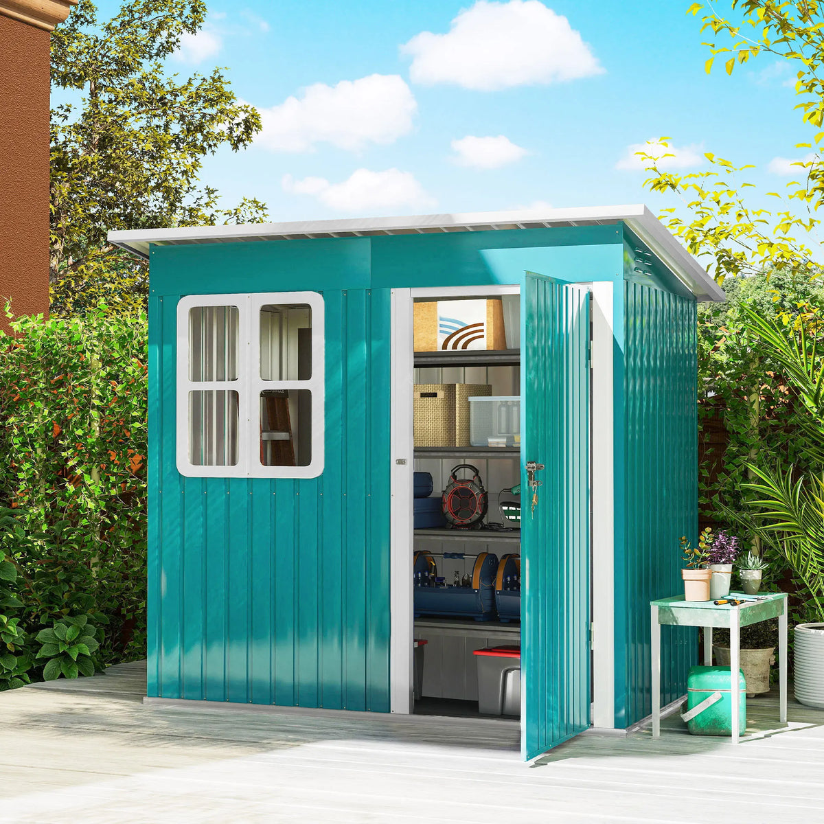 7 x 4ft Galvanised Steel Garden Shed with Window, Lockable Door and Foundation Kit, Green