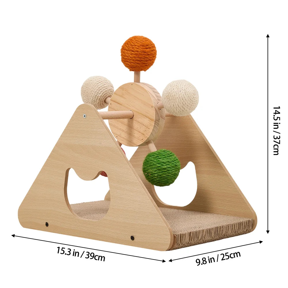Wooden Ferris Wheel Cat Scratching Post with Rotating Sisal Balls and Scratcher Base Interactive Cat Toy