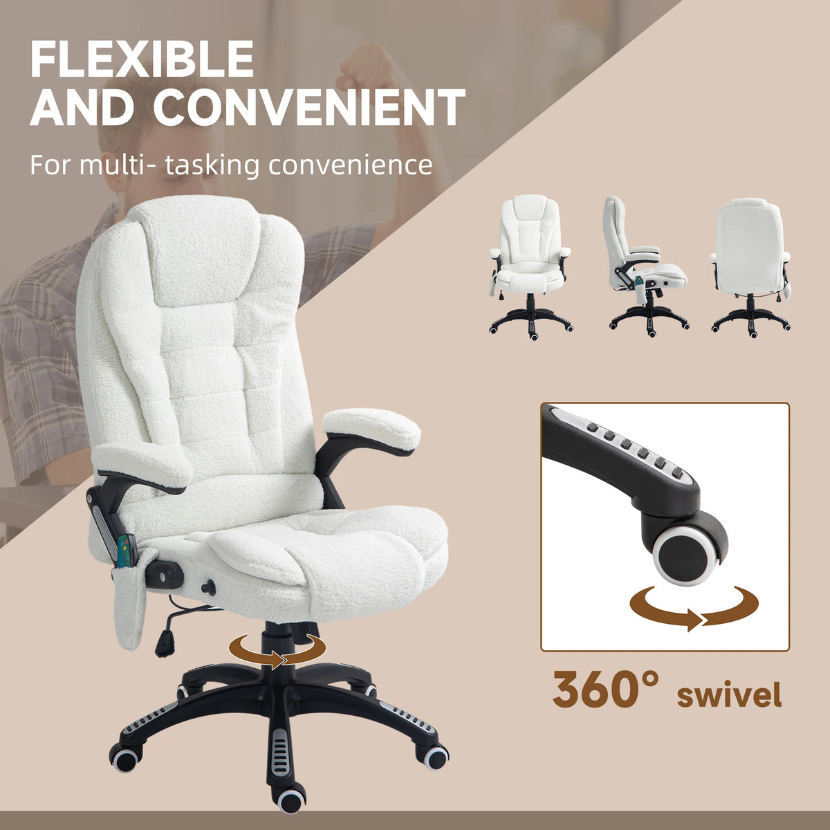 Reclining Massage Office Chair with Lumbar Heat and Remote, Boucle, White