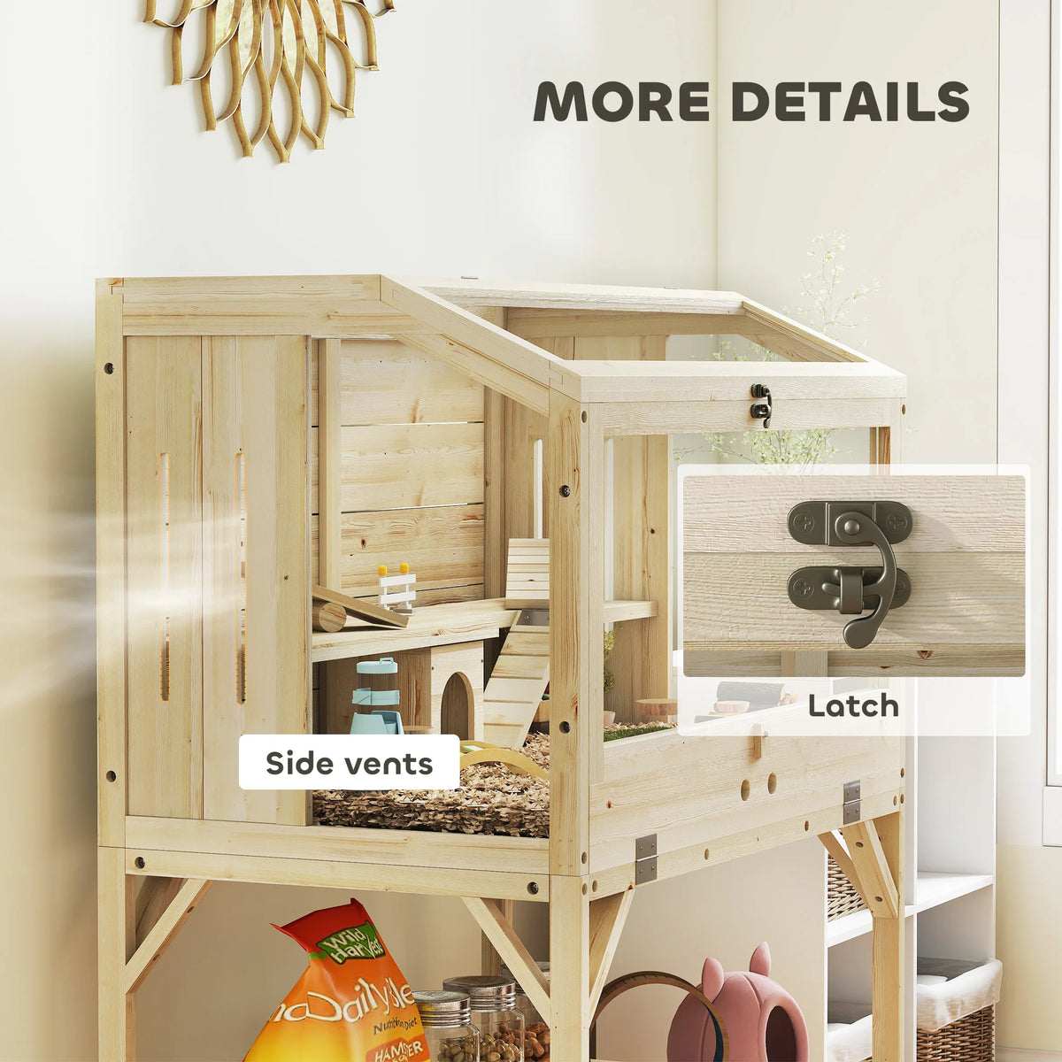 2 Tier Wooden Hamster Cage with Storage Shelf Clear Panels Seesaws Ramps and Side Vents Natural