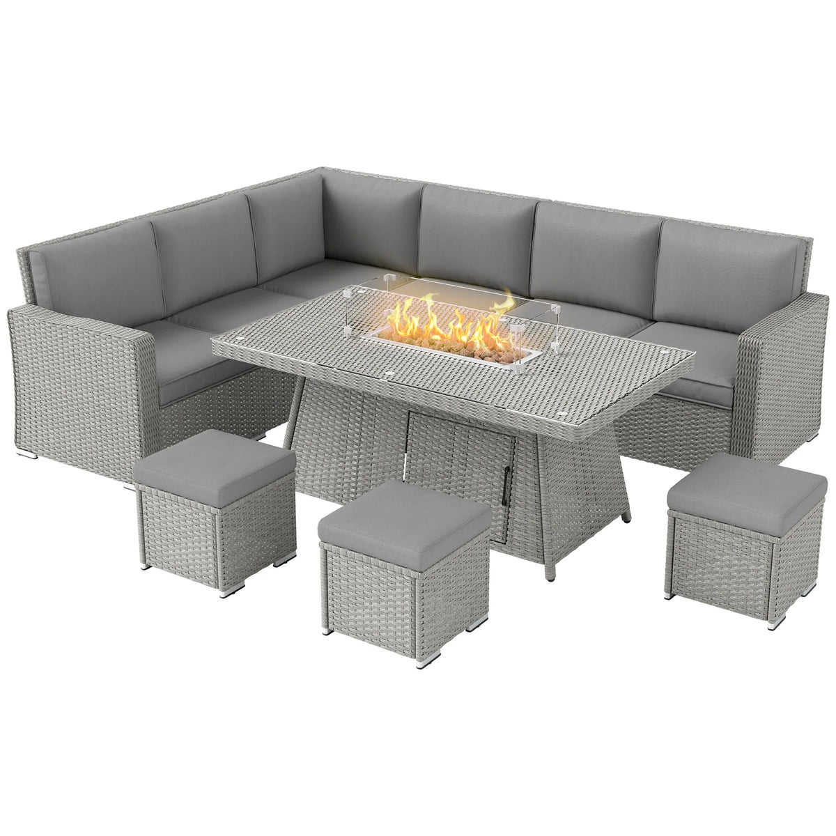 7-Piece Rattan Garden Furniture Set with Gas Fire Pit Table & Footstools