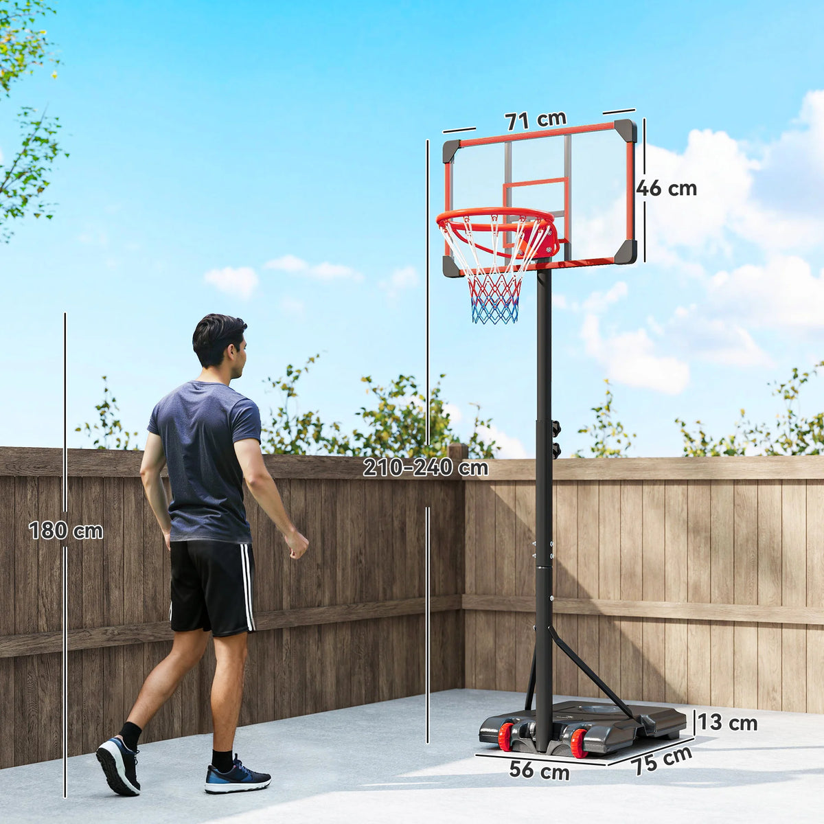 Adjustable Basketball Hoop and Stand with Wheels, Weighted Base, 1.8-2.1m, Red