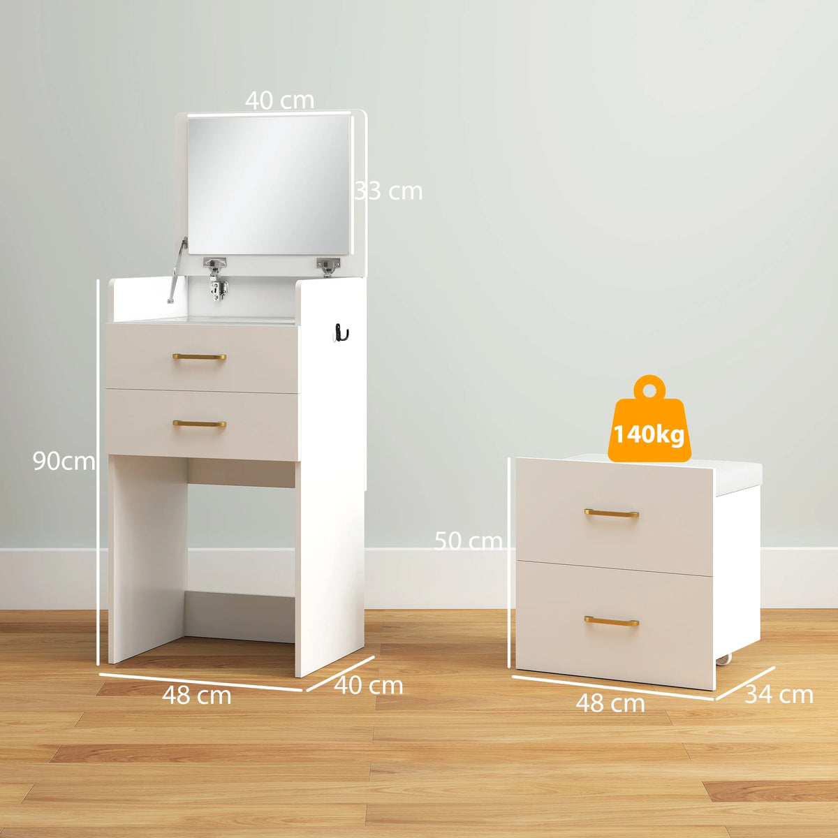 Dressing Table Set with Flip-Up Mirror and Cushioned Stool, White