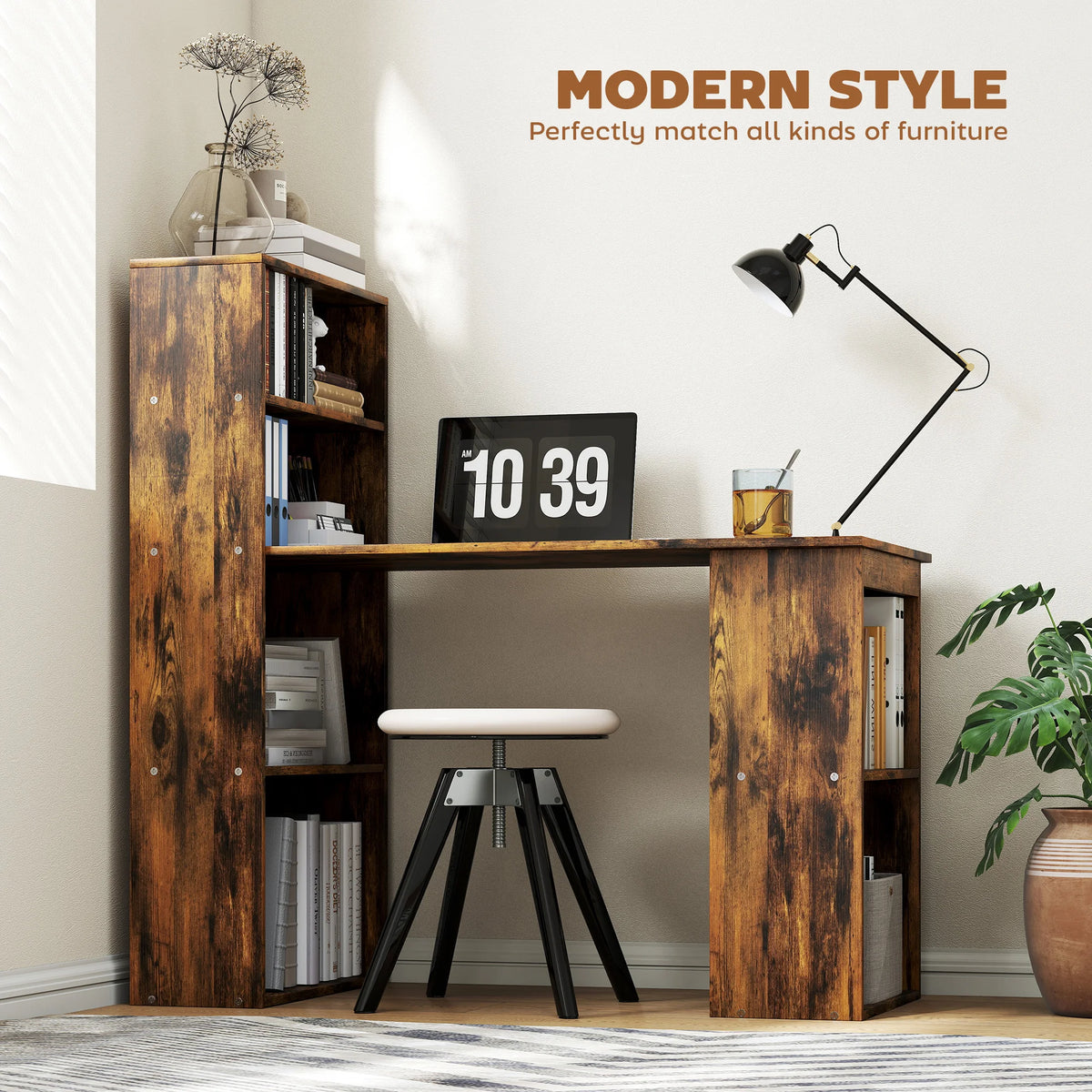 120cm Computer Desk with Bookshelf, 6-Shelf Writing Table