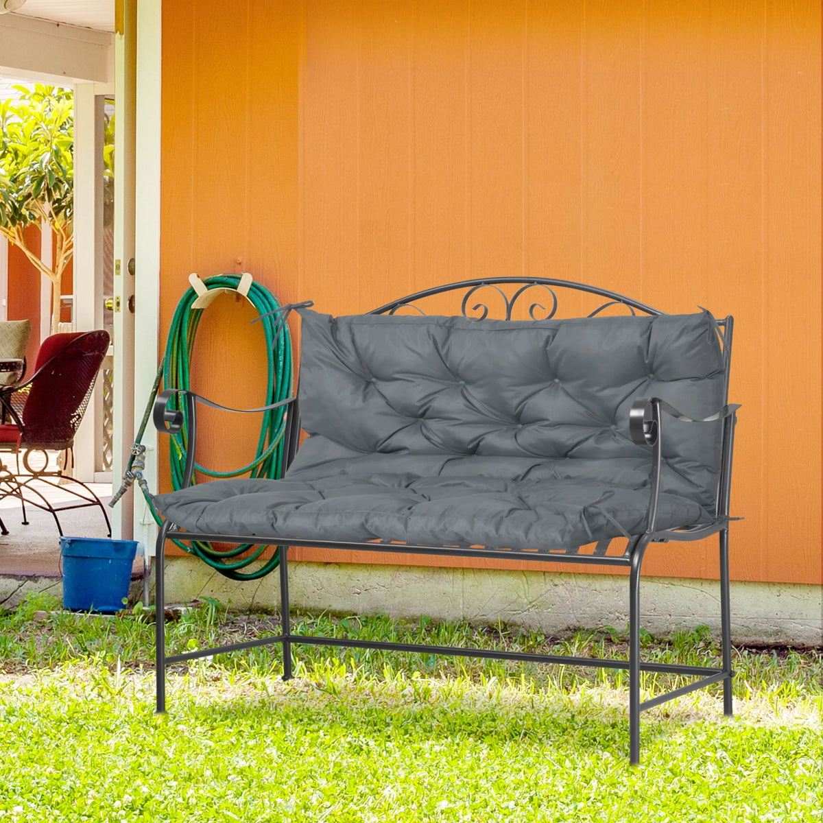 2 Seater Garden Bench Cushion, Outdoor Seat Pad with Ties, Dark Grey