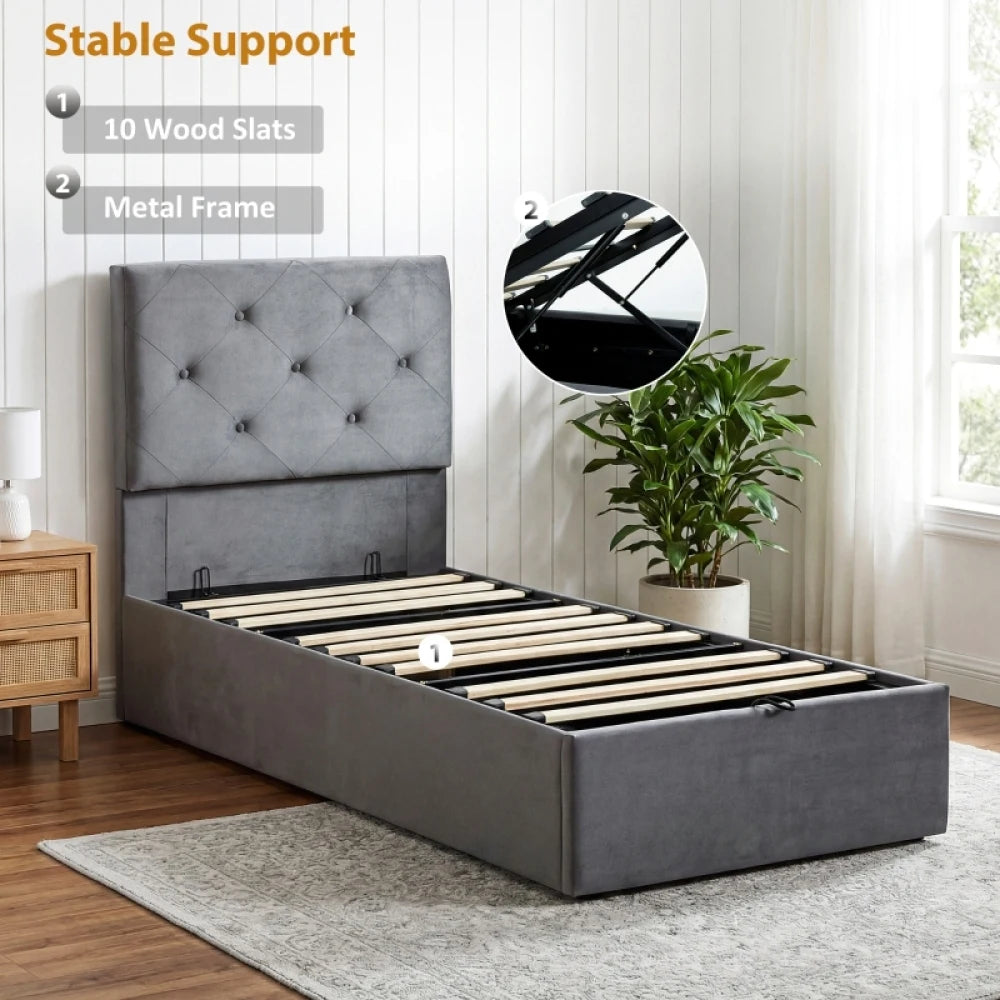 90 x 190cm Single Gas Lift Storage Bed Frame, Dark Grey Velvet Button-Tufted Headboard, BS5852 Fire-Retardant