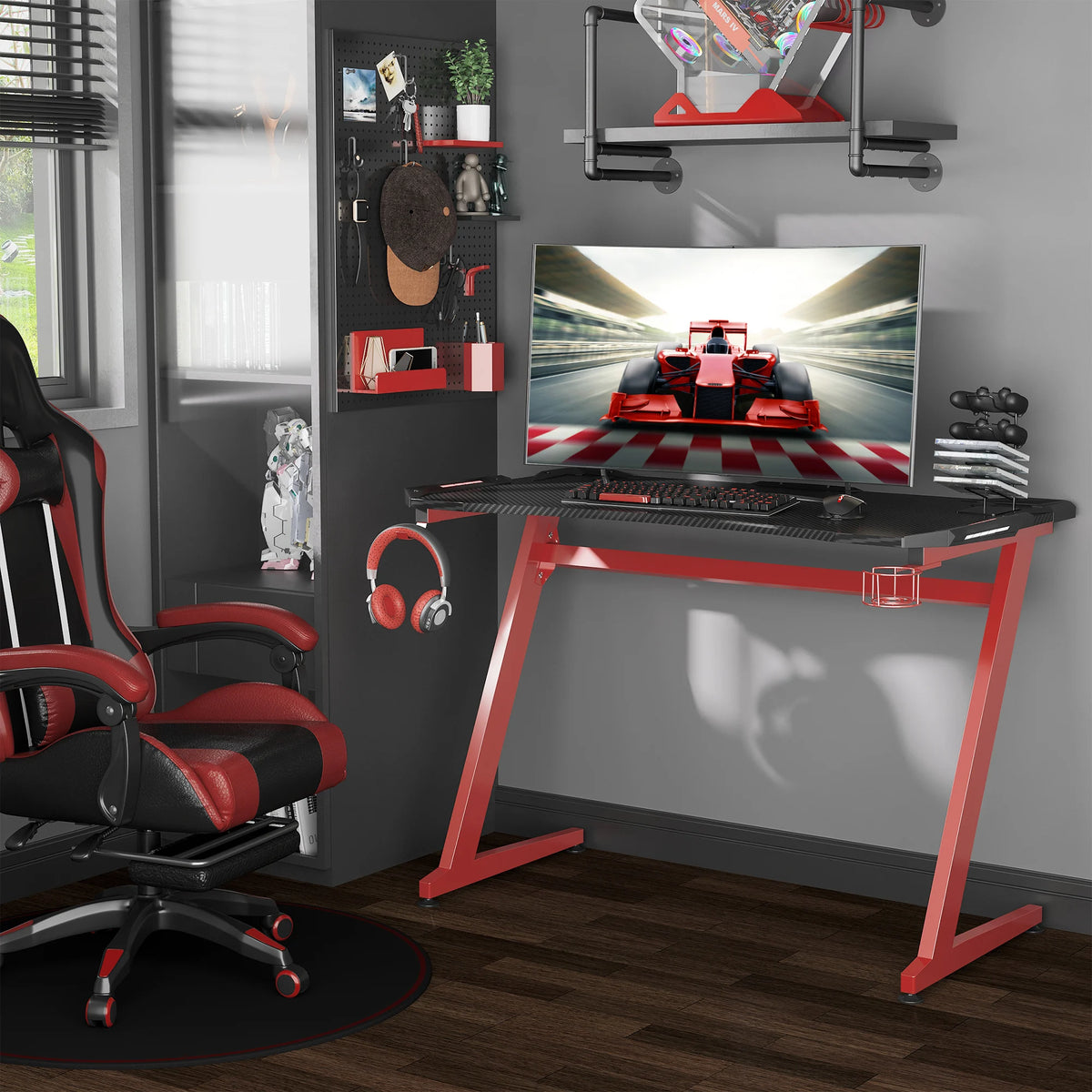 Gaming Desk with Cup Holder, Headphone Hook and Gamepad Holder, 122 x 66 x 96 cm