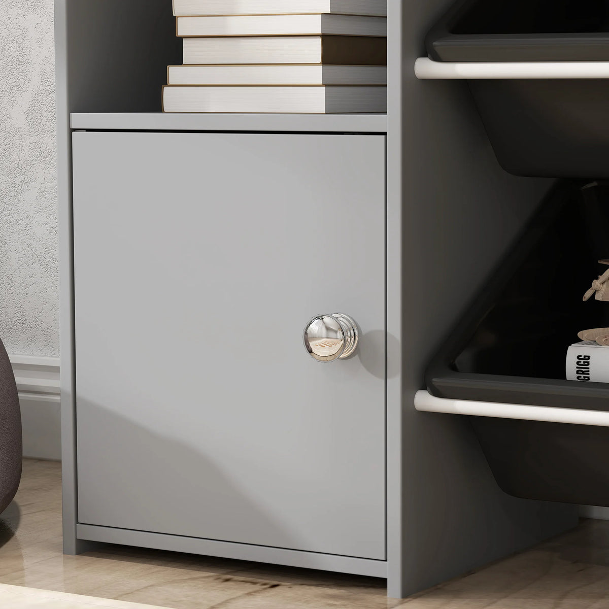 Kids Toy Storage Unit with 8 Removable Bins 2 Grids Cabinet and Top Shelf MDF and Steel Nursery Grey