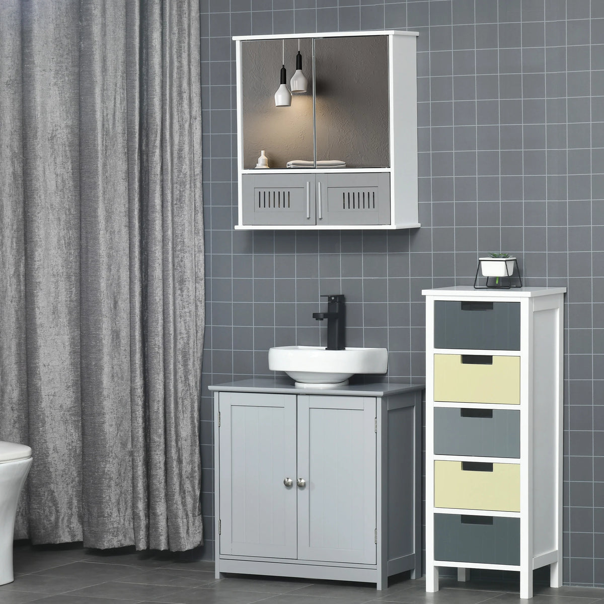 Bathroom Mirror Cabinet with Double Mirrored Doors and Vented Lower Shelf
