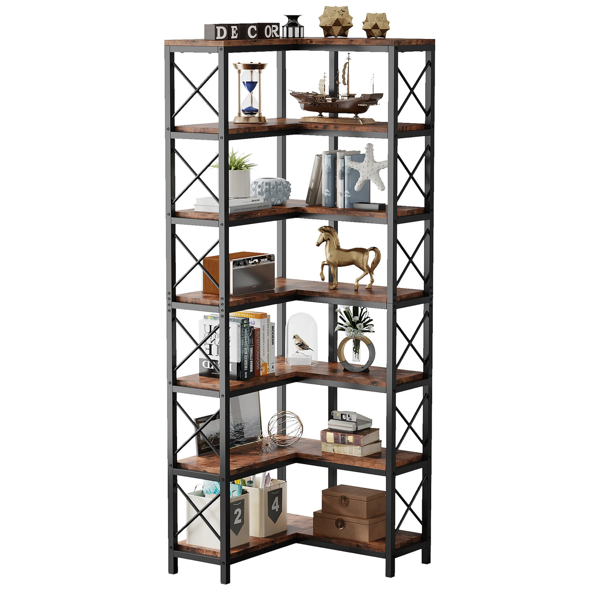 7-Shelf Large Corner Bookcase 200cm Tall with Metal Frame | L-Shaped Display Shelf for Living Room Office