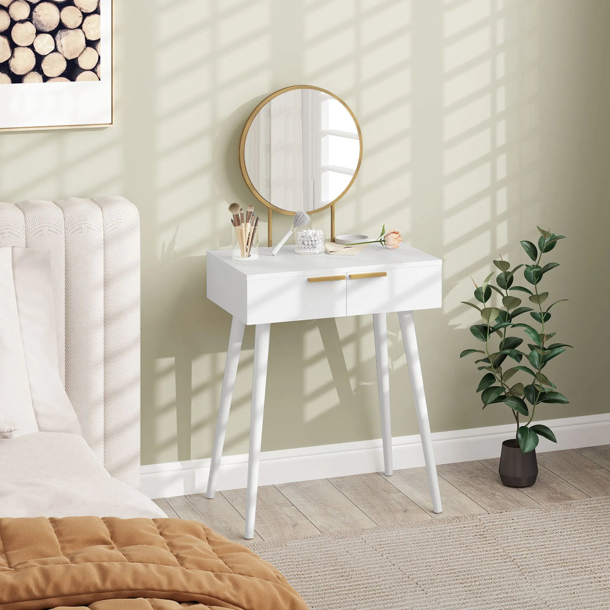 Modern Dressing Table with 2 Drawers and Round Mirror for Bedroom, White