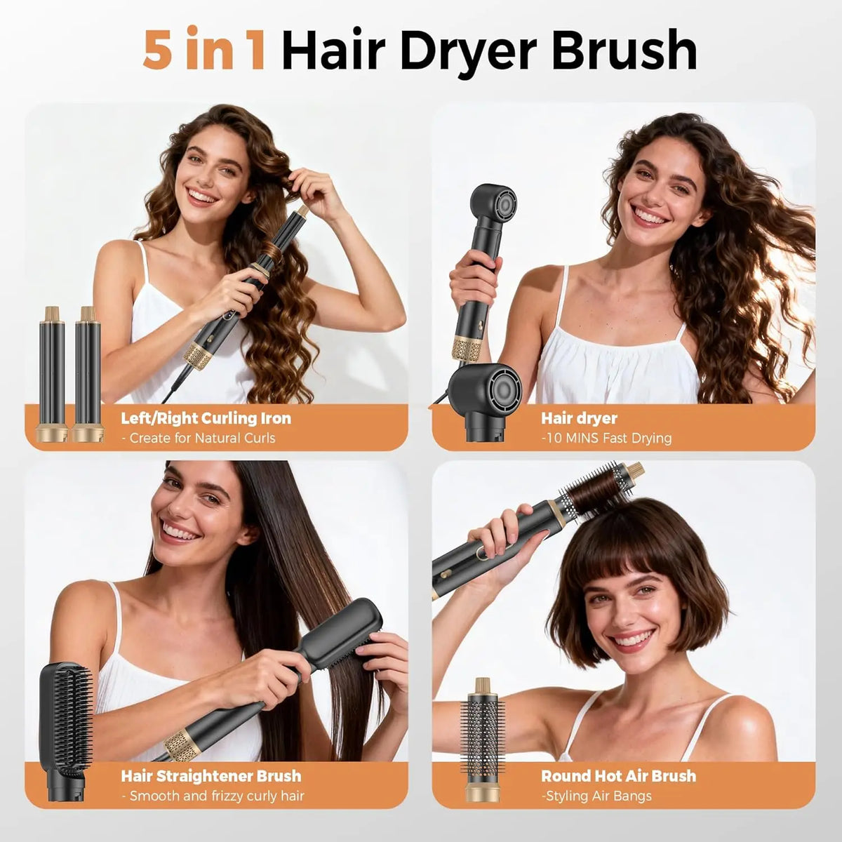 5 in 1 Hair Dryer Brush and Air Styler with Auto-Wrap Curlers, Straightening Brush and Oval Brush